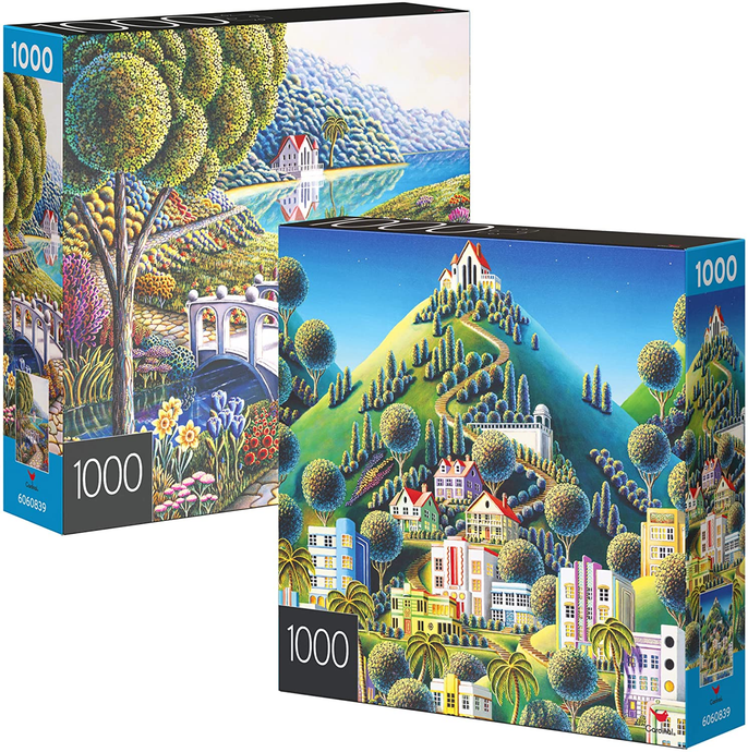 2-Pack of 1000-Piece Jigsaw Puzzles: Daffodils and Hidden Village Brain Blacksmith