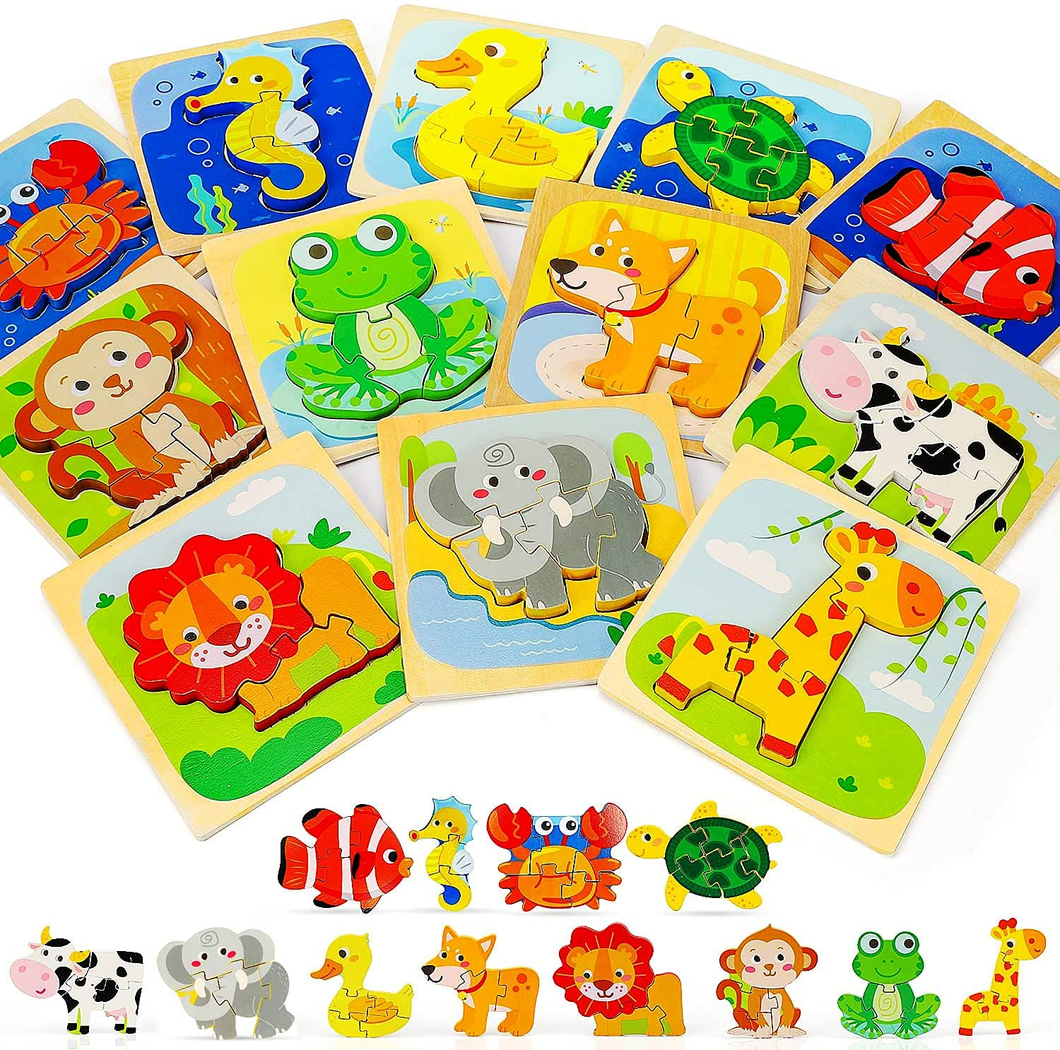 TOY Life 12 Pack Wooden Puzzles for Toddlers Brain Blacksmith